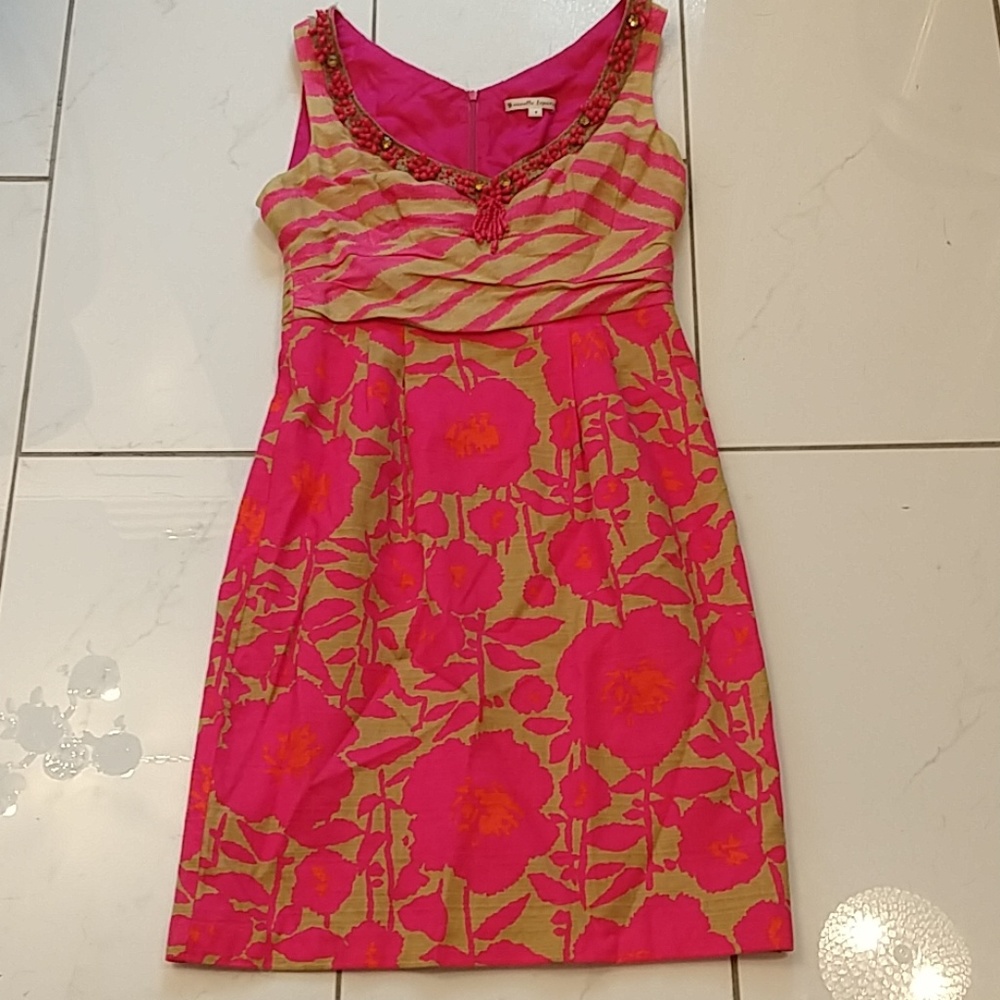 Nanette Lepore Beaded Resort Dress Silk Linen Floral 8